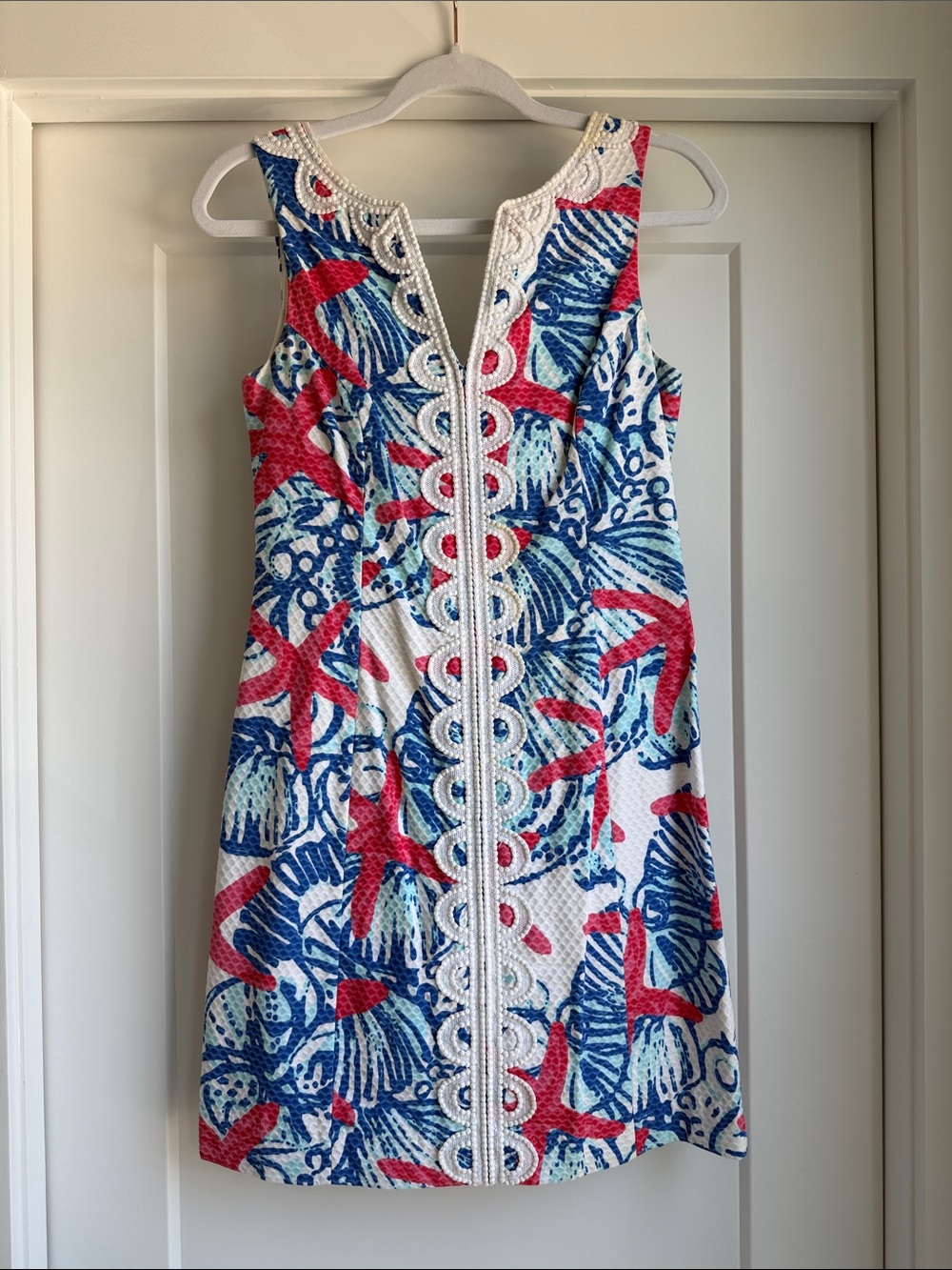 Lilly Pulitzer White Shift Dress with Navy & Coral Tropical Print